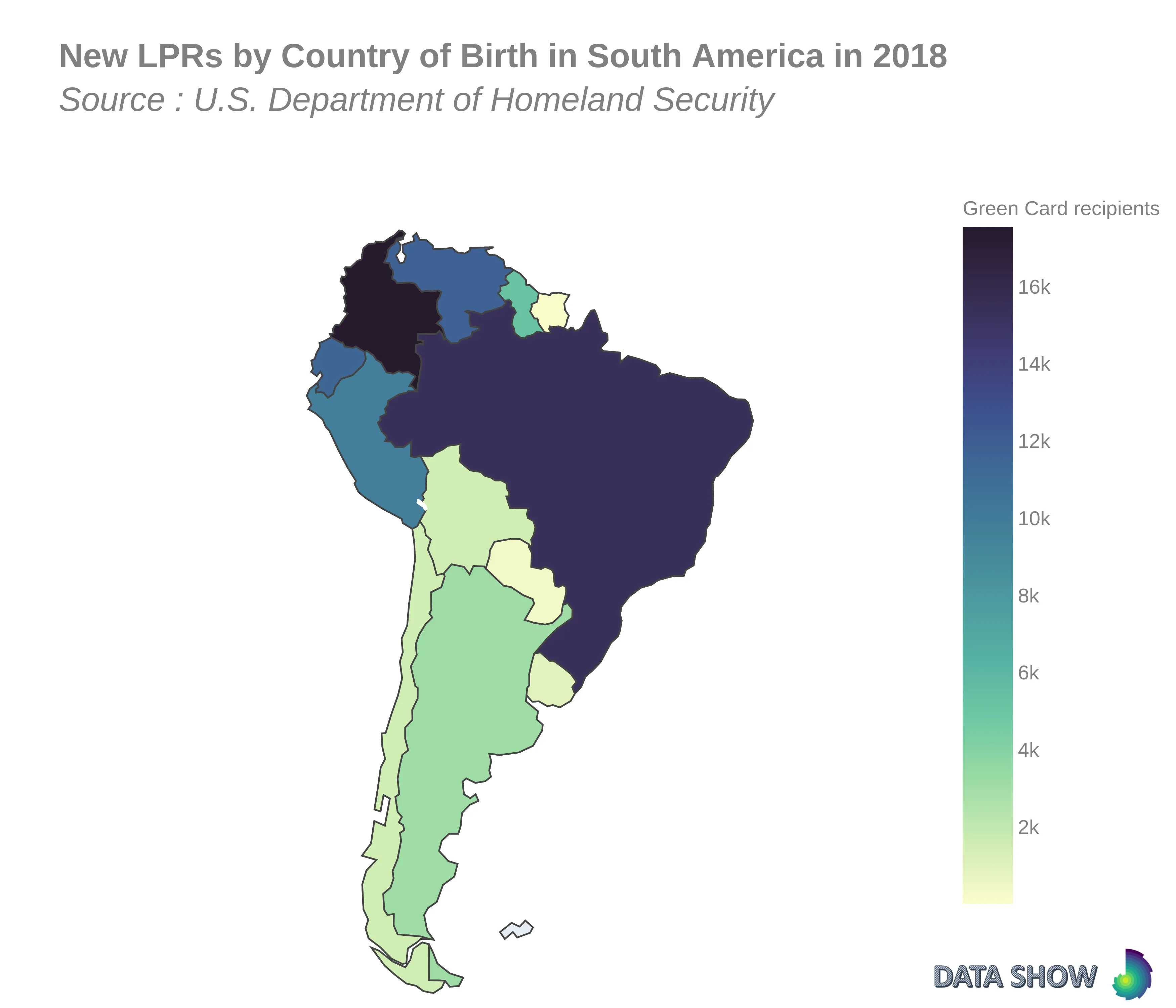 Persons Obtaining Lawful Permanent Resident Status by Country of Birth in South America in 2018 - Map Persons Obtaining Lawful Permanent Resident Status by Country of Birth in South America in 2018 - Map