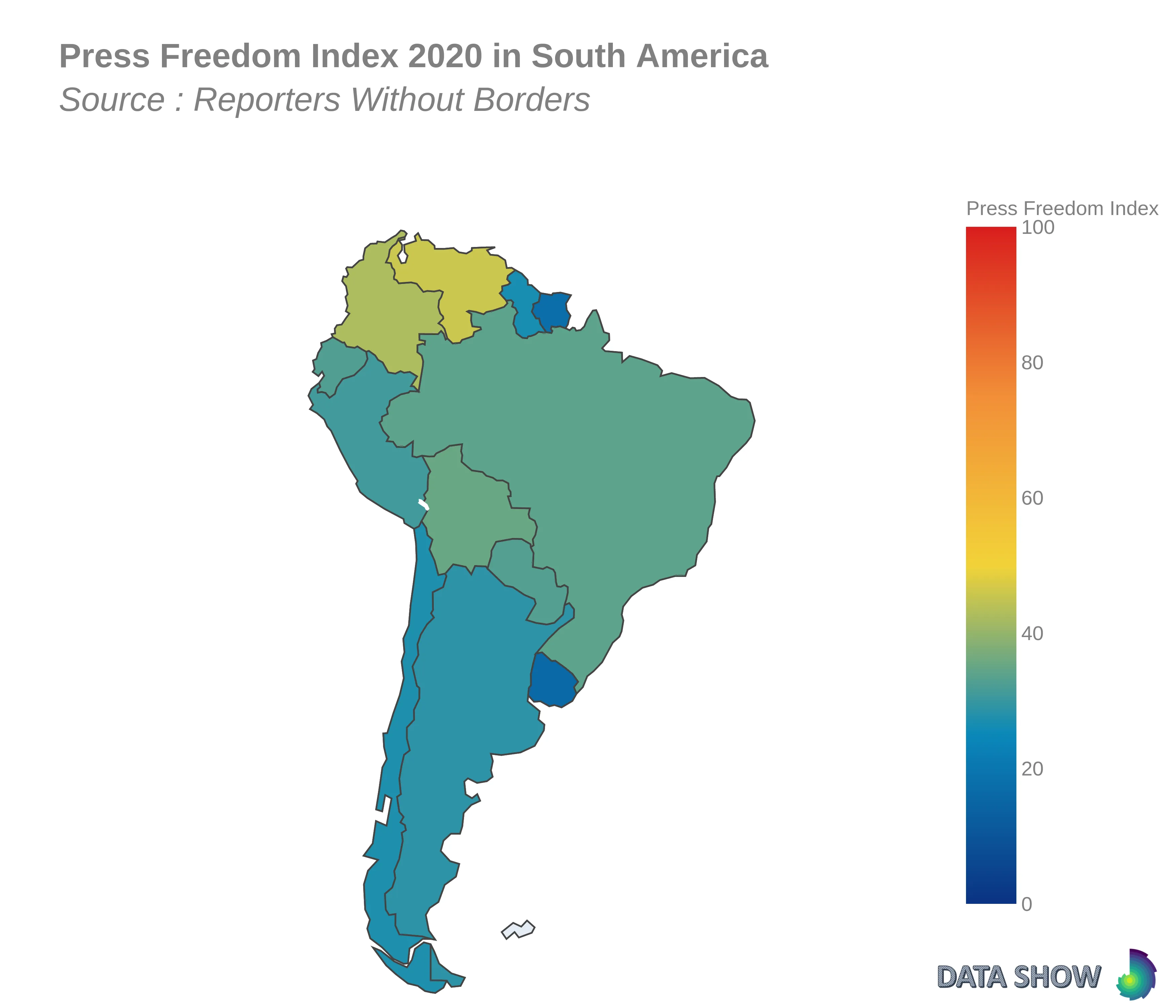 Press Freedom Index 2020 in South America World Press Freedom Index - South America Map