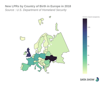 Persons Obtaining Lawful Permanent Resident Status by Country of Birth in Europe in 2018 - Map