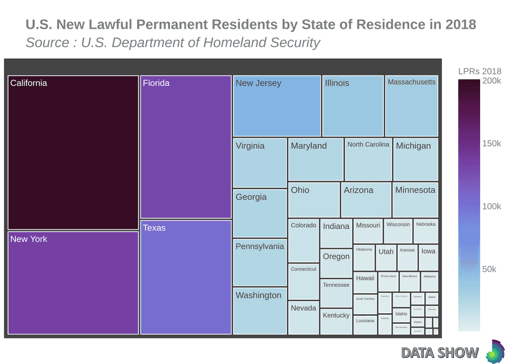 U.S. New Lawful Permanent Residents by State of residence in 2018 - Graph