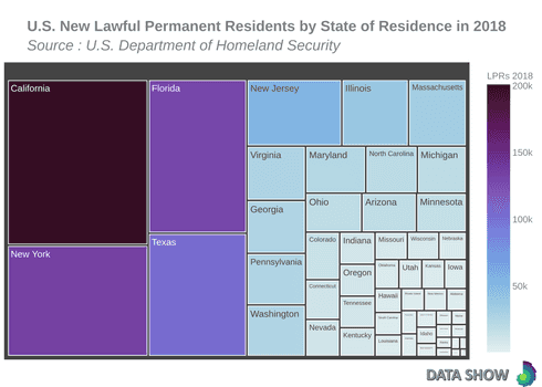 U.S. New Lawful Permanent Residents by State of Residence in 2018 - Treemap