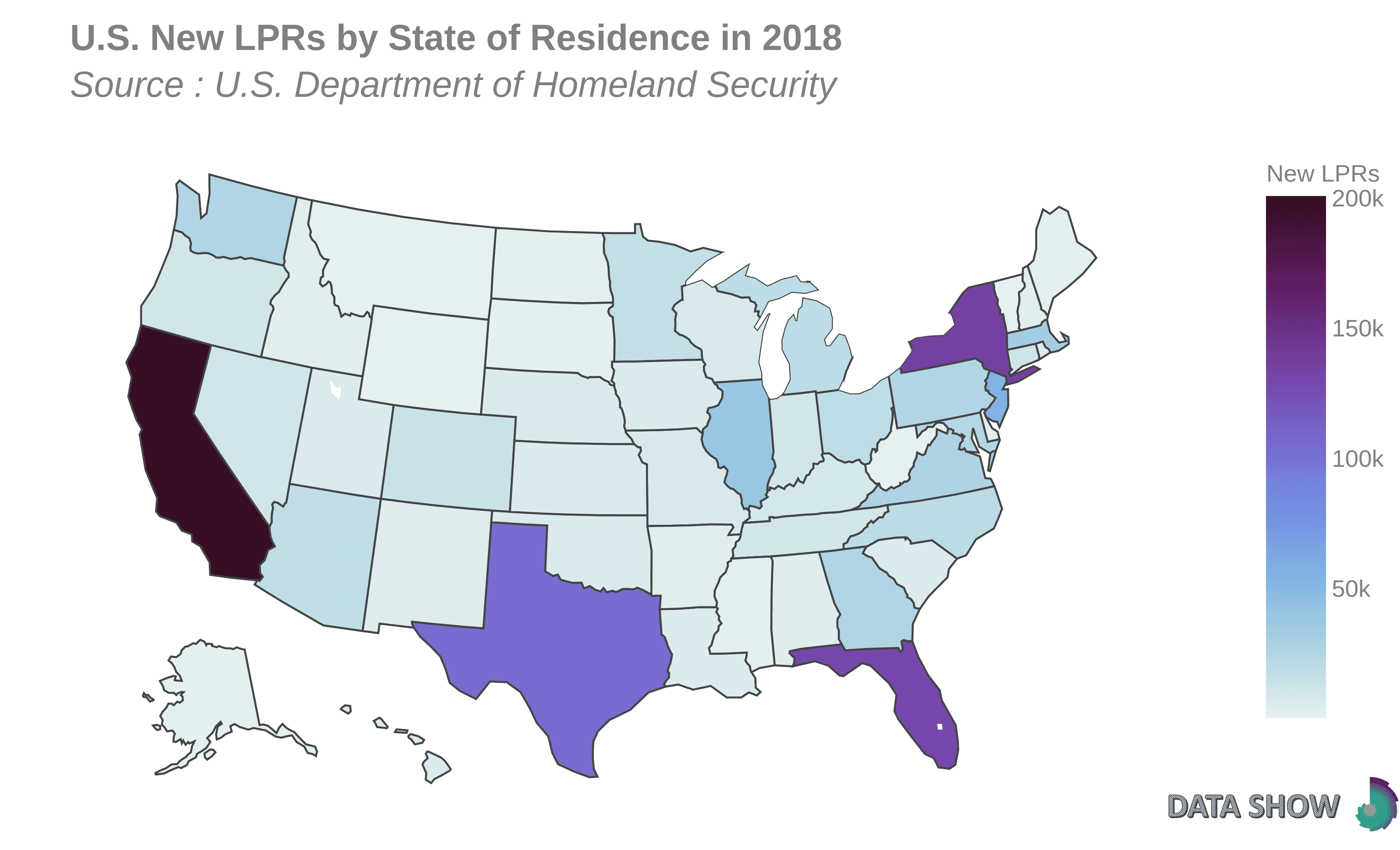 U.S. New Lawful Permanent Residents by State of Residence in 2018 - Map