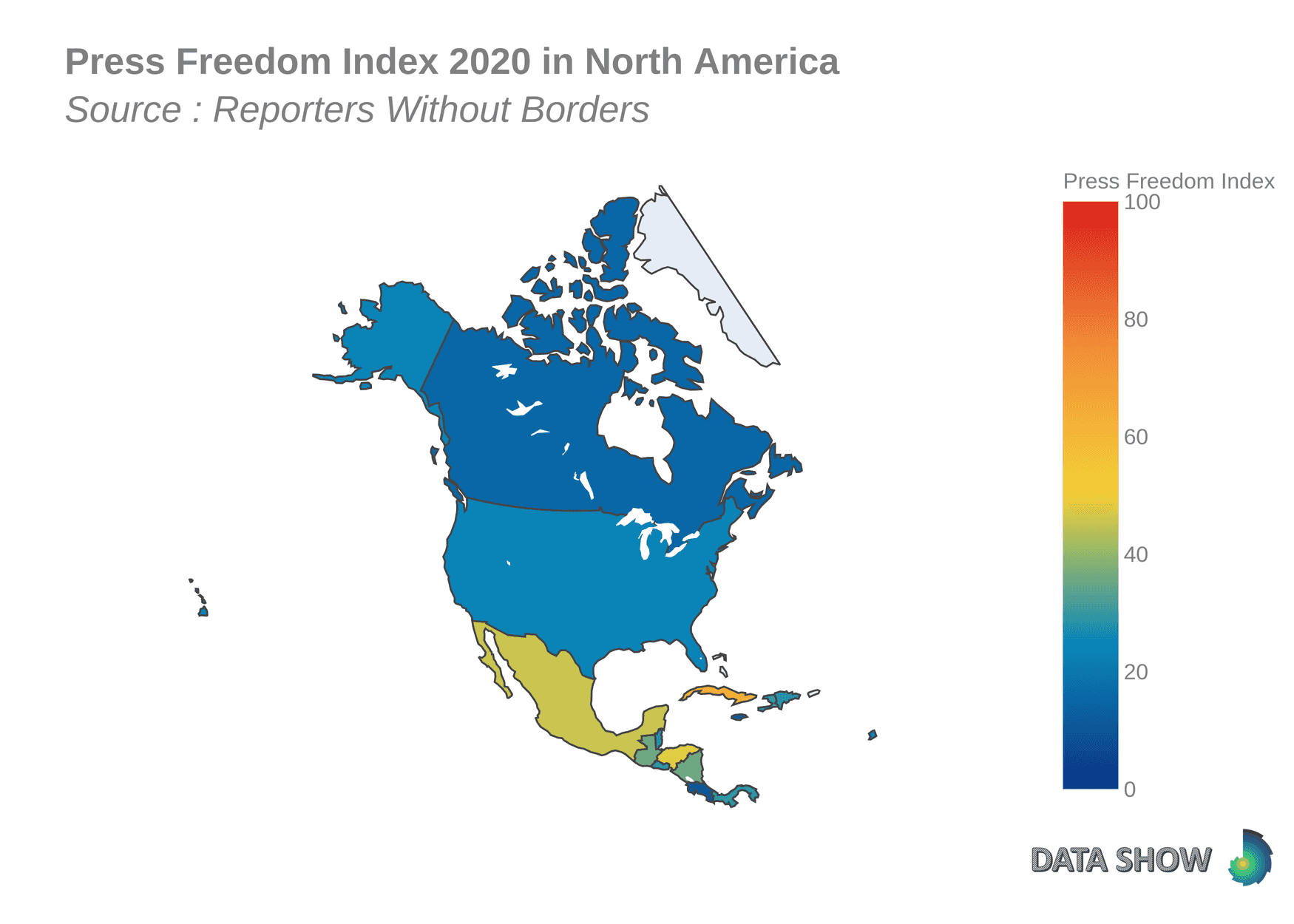 Press Freedom Index 2020 in North America DataViz