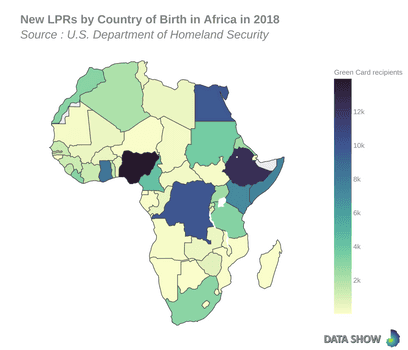 Persons Obtaining Lawful Permanent Resident Status by Country of Birth in Africa in 2018 - Map