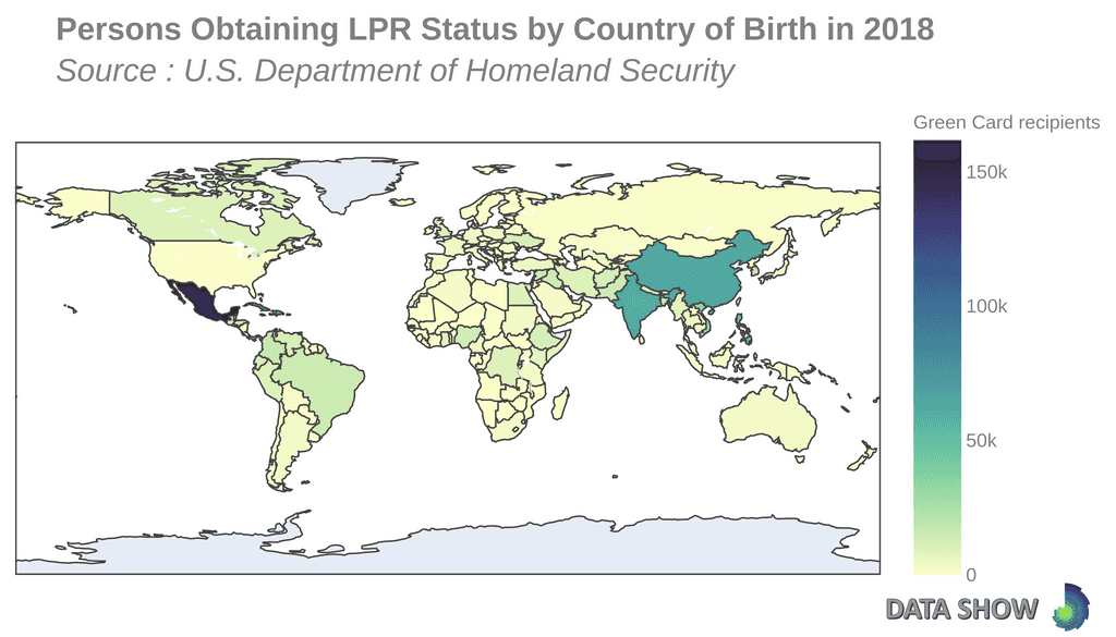 Persons Obtaining Lawful Permanent Resident Status by Country of Birth in 2018 - Map