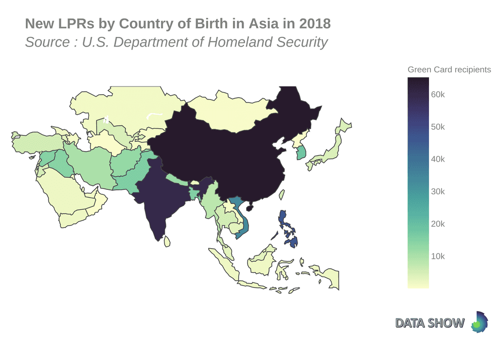 Persons Obtaining Lawful Permanent Resident Status by Country of Birth in Asia in 2018 - Map