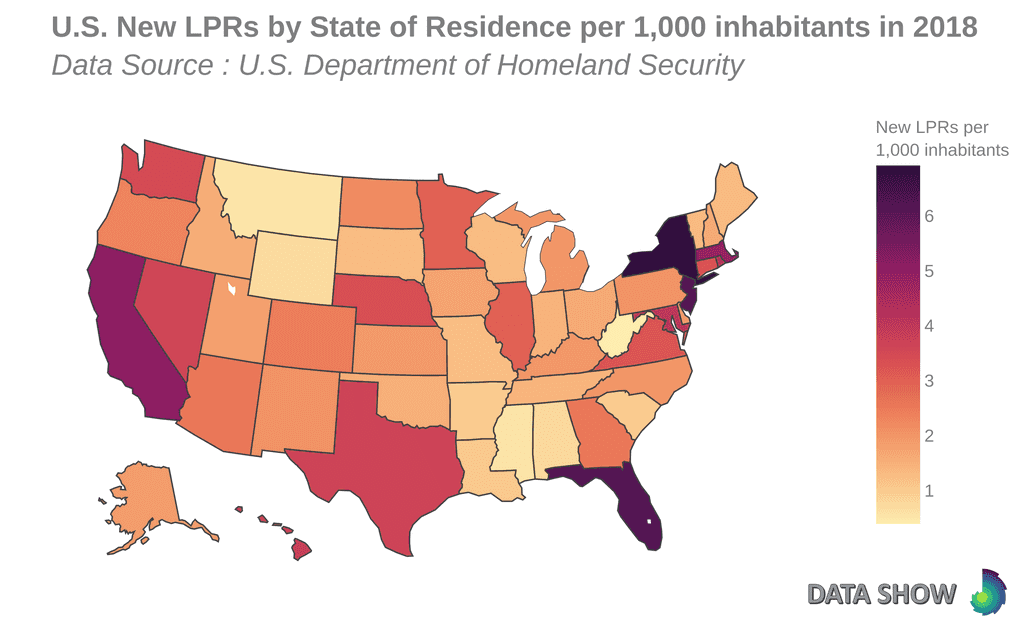 U.S. New Lawful Permanent Residents by State of Residence per 1,000 inhabitants in 2018 - Map
