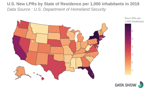 New U.S. Lawful Permanent Residents by State of Residence per capita in 2018 - Map
