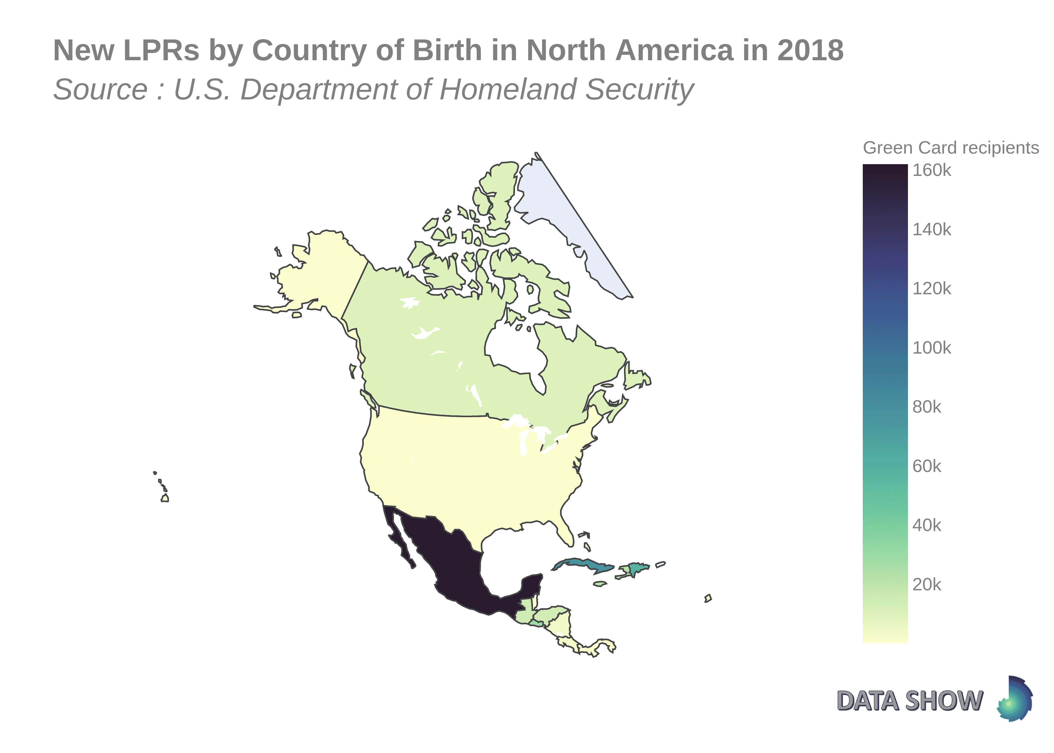 Persons Obtaining Lawful Permanent Resident Status by Country of Birth in North America in 2018 - Map