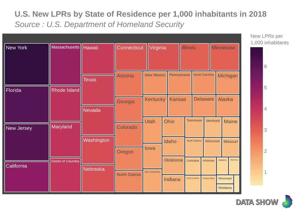 U.S. New Lawful Permanent Residents by State of Residence per 1,000 inhabitants in 2018 - Graph