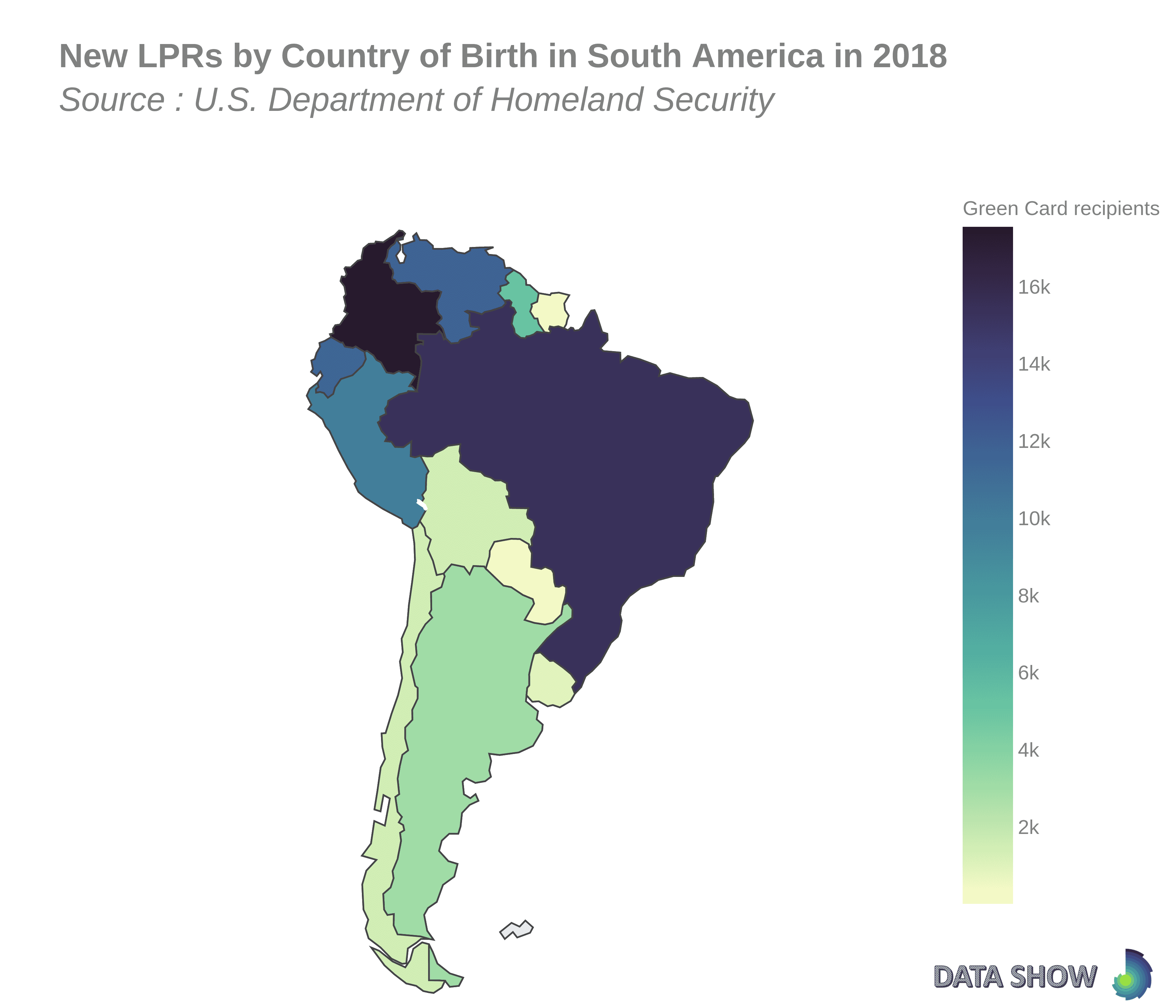 Persons Obtaining Lawful Permanent Resident Status by Country of Birth in South America in 2018 - Map